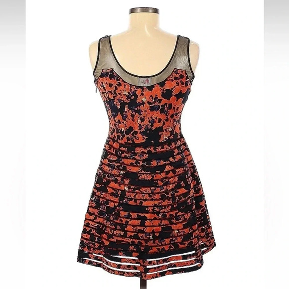 Parker Orange & Black Petal Bloom Mesh Sleeveless Fit & Flare Silk Dress Size M - Picture 4 of 10